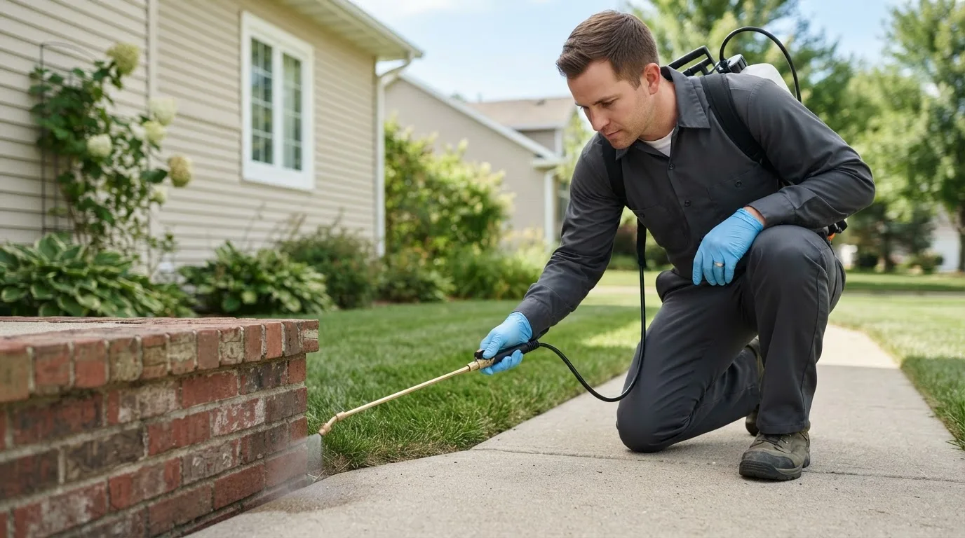 Pest control technician treating a home near Otley, IA